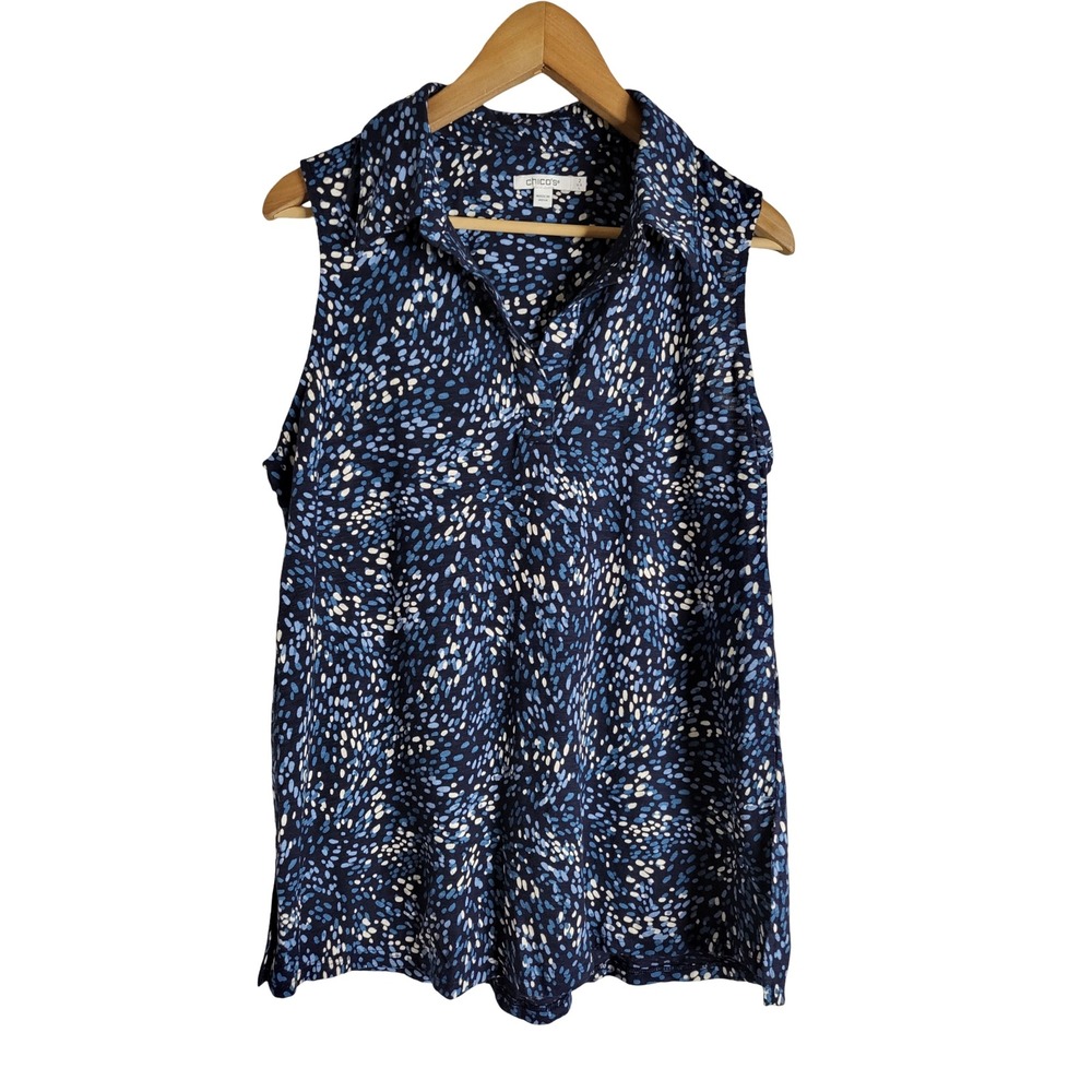 Chico's Breezy Dot Tunic Tank Classic Navy Blue White Abstract 2 L Resortwear